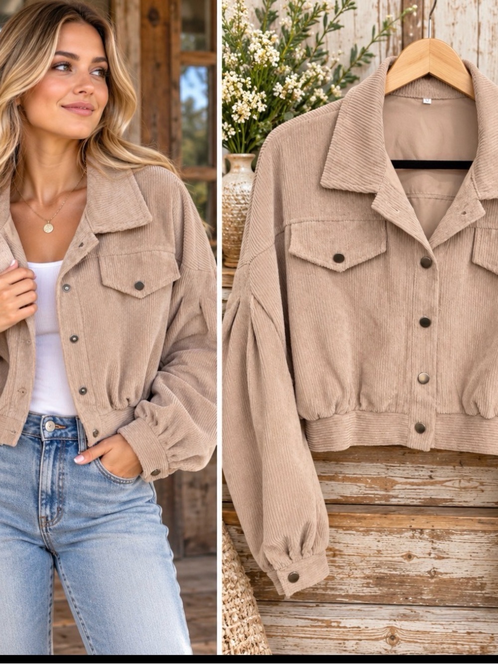 Corduroy Cropped Shacket in Taupe - Women Jackets & Coats